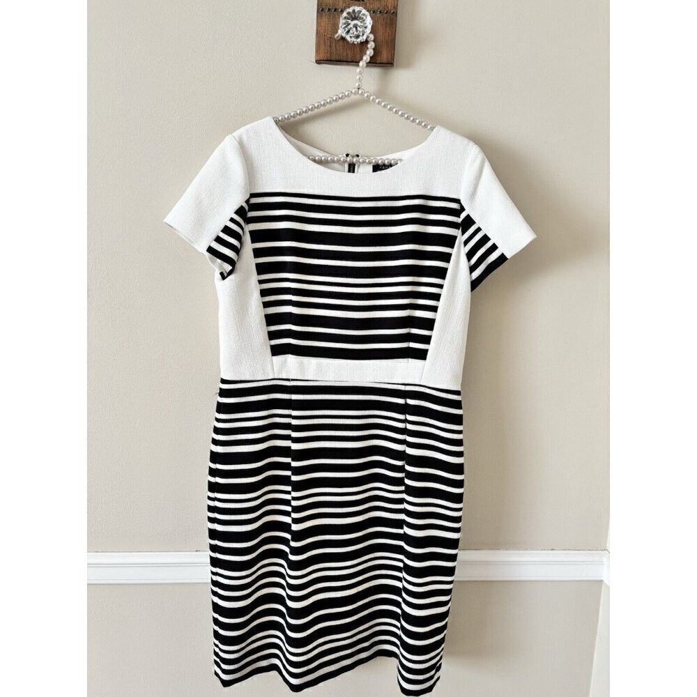 Tahari Womens Size 14 Black White Striped Sheath Dress Short Sleeve